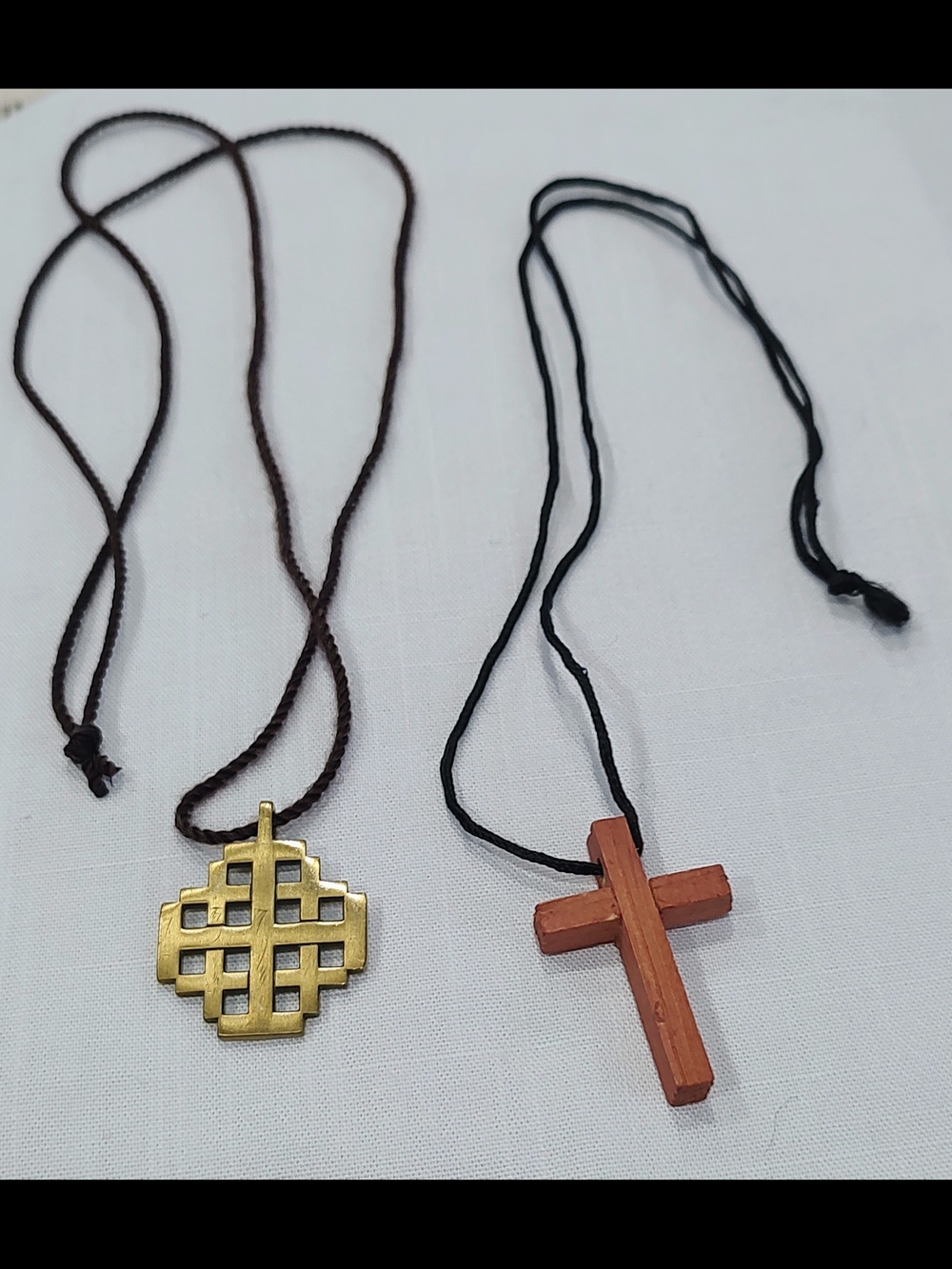 Vintage Brown Wooden Cross & Brass Knot  Pendant Necklace Set.
